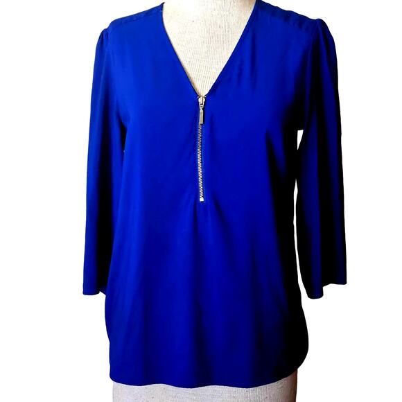 Blue Zipper V Neck Blouse Size XS - Picture 1 of 5